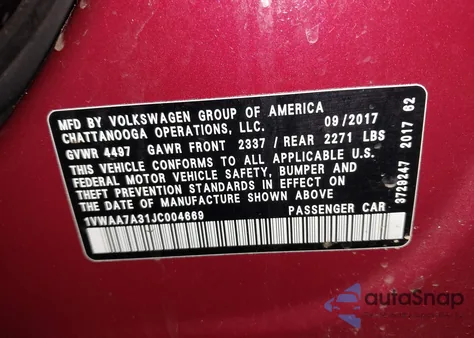 2018 Volkswagen Passat 2.0T R-Line/2.0T S z USA, uszkodzony, nr VIN 1VWAA7A31JC004669